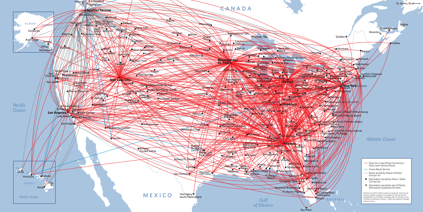routes of delta airlines (map). : aviation