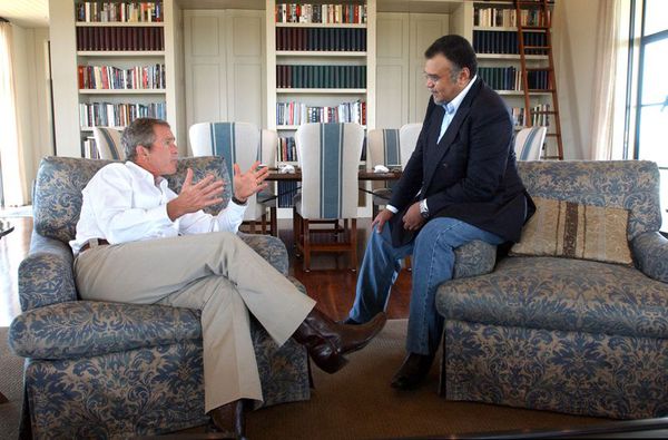 President George W. Bush meets with Saudi Ambassador to the US Prince Bandar bin Sultan in 2002.