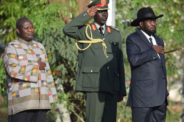 Former rebel leader and new Vice President Riek Machar (left) and President Salva Kiir, after Machar's swearing-in.