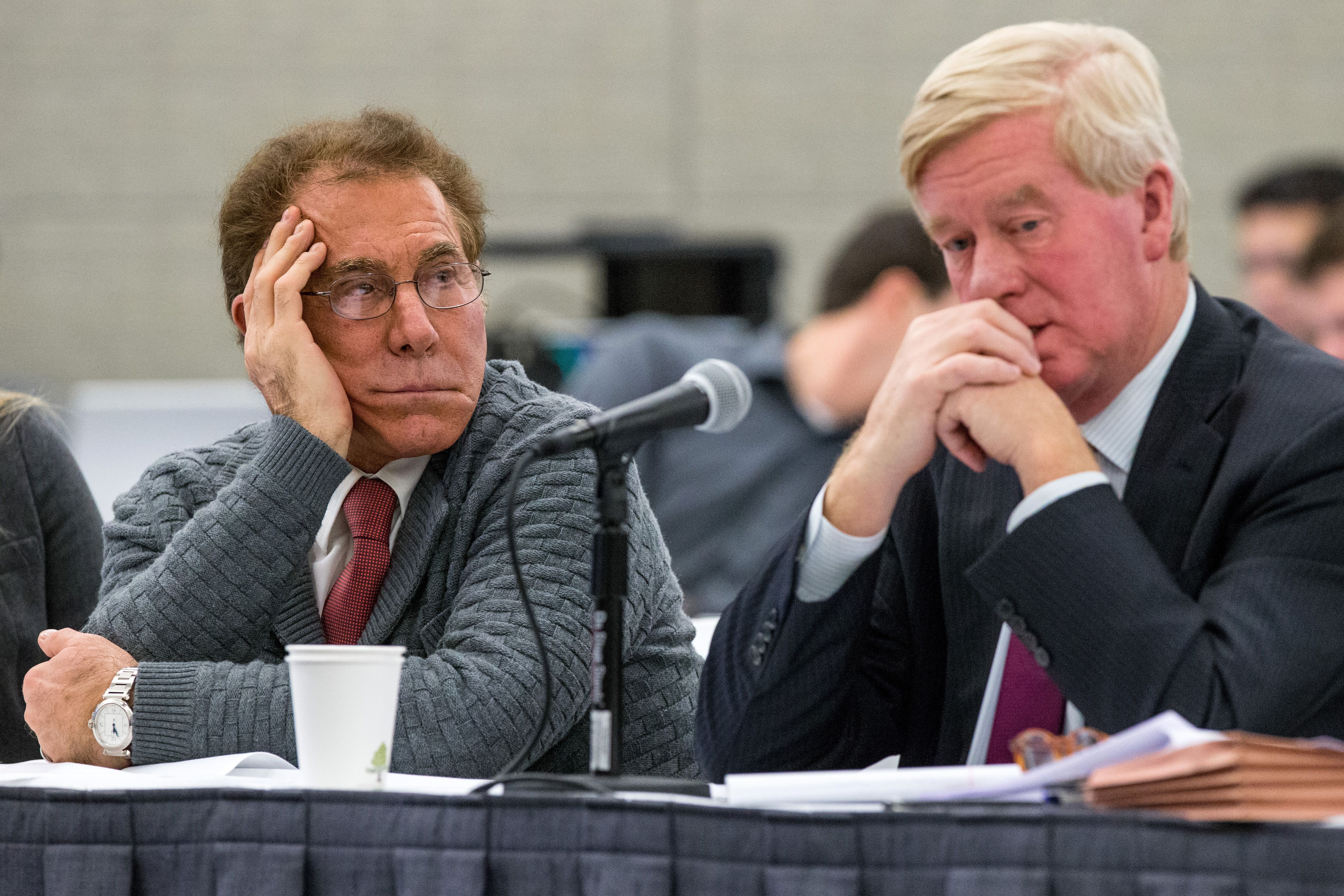 Casino magnate Steve Wynn (left) with chief lobbyist and former Massachusetts Governor William Weld at a meeting of the Massachusetts Gaming Commission.