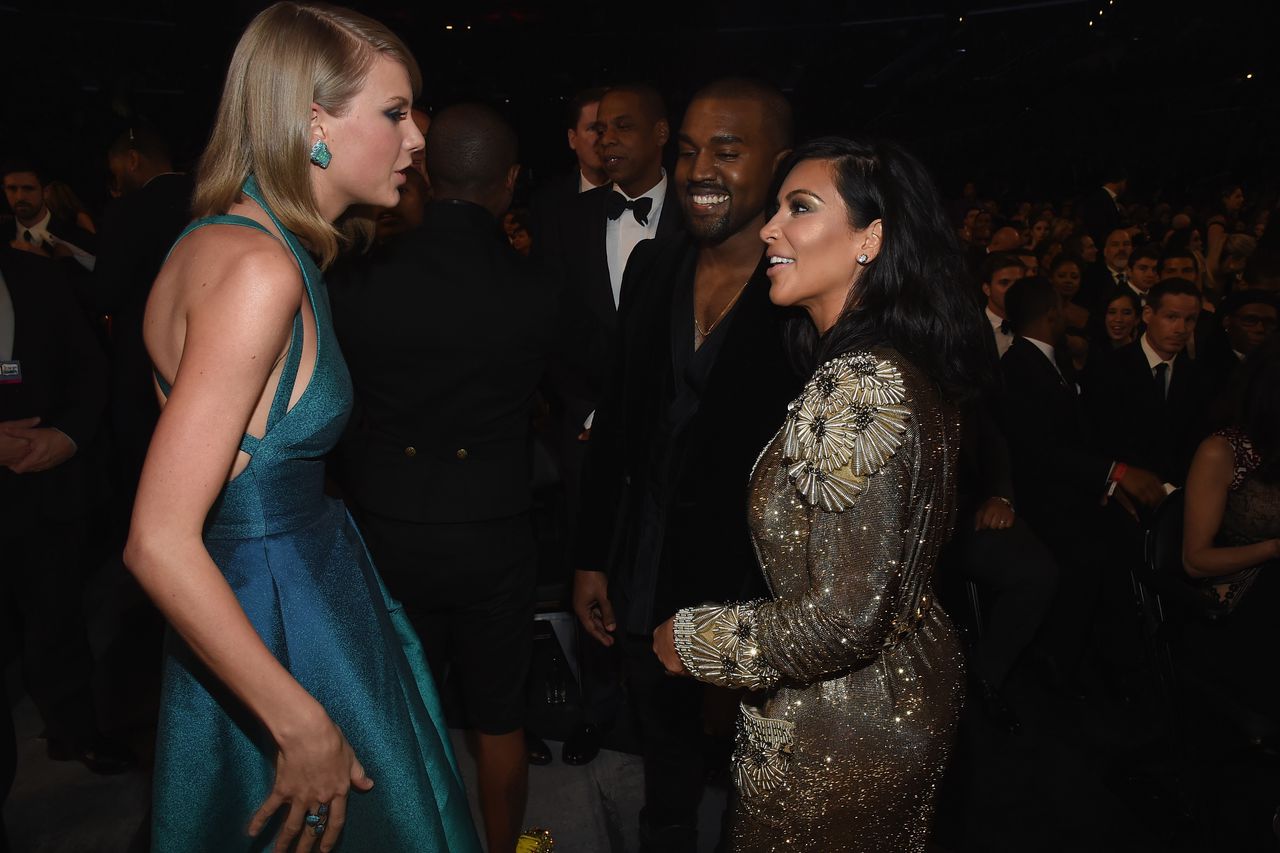 Taylor Swift with Kanye West and Kim Kardashian at 2015 Grammy Awards