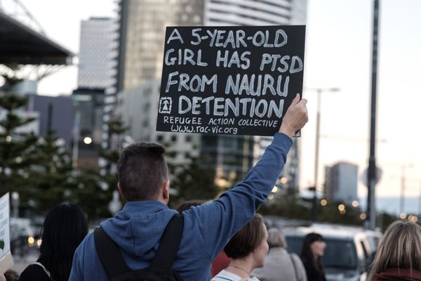 A protester at a rally calling for the closure of the Nauru and Manus Island detention centers, on April 8, 2016, in Melbourne.