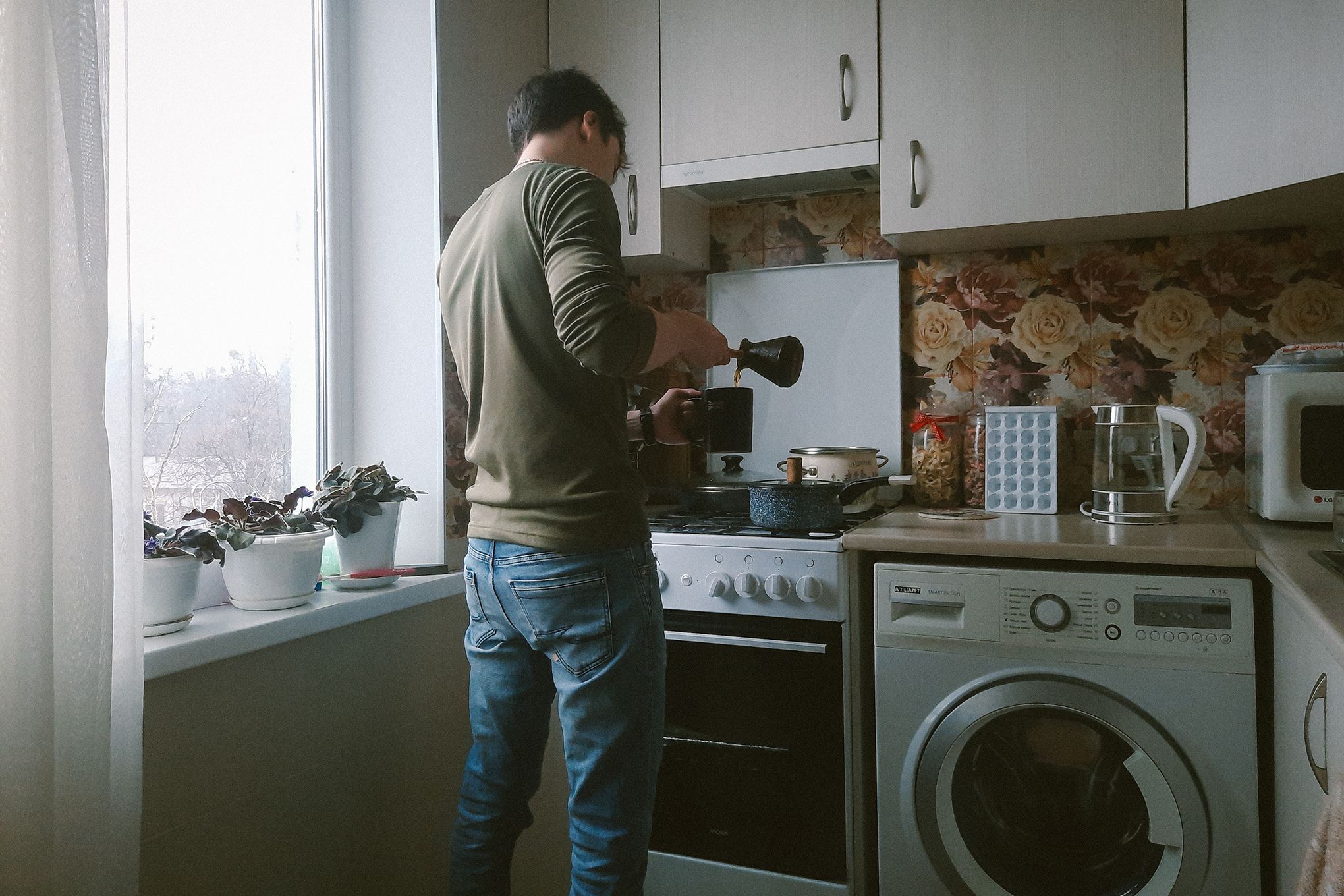 A worker at home in Kharkiv, Ukraine, in December 2022.