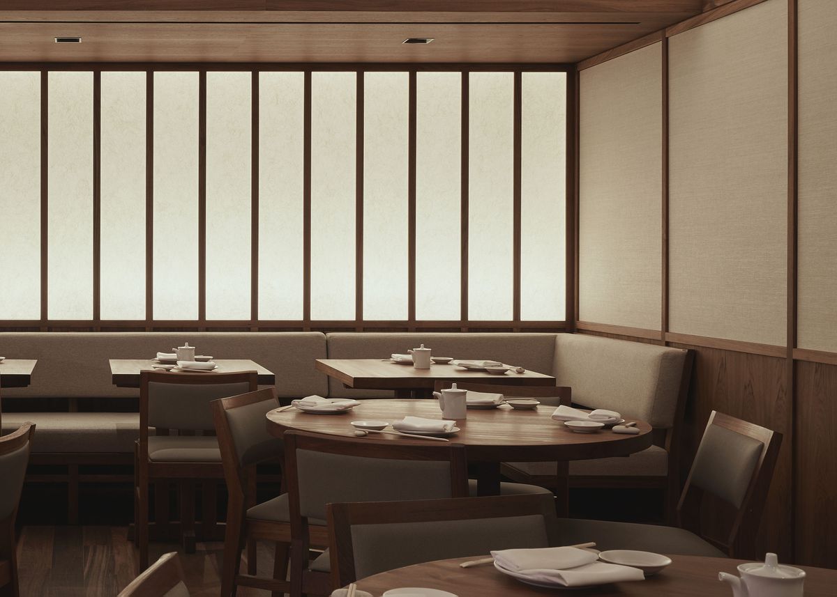  A restaurant dining room inspired by traditional Japanese architecture, such as shohji screens.