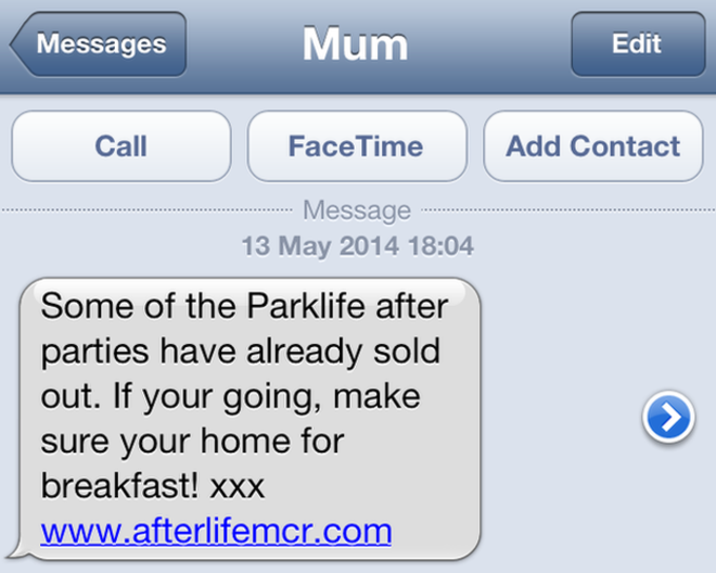 manchester parklife text message