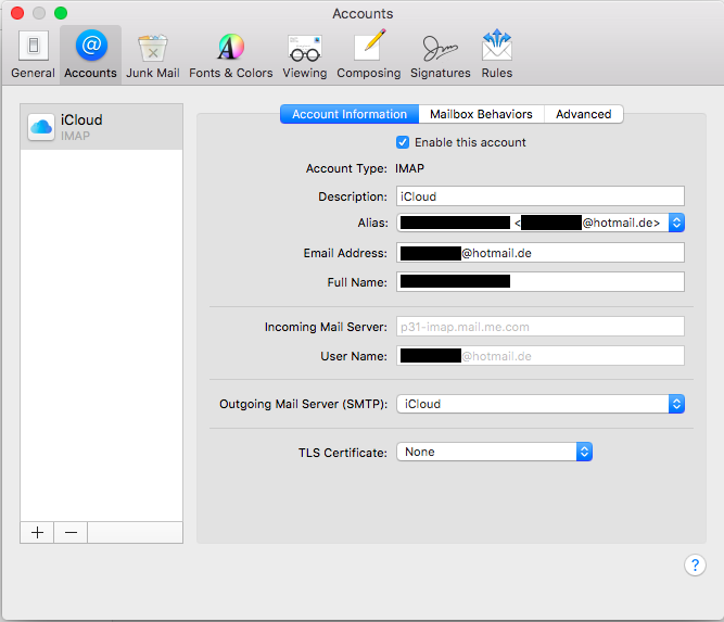 iCloud Account settings Apple Mail